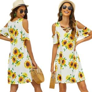 Cold Shoulder Crisscross V Neck Short Sleeve Sunflower Flowy T-shirt Dress, Med